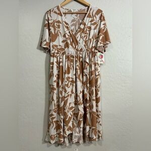 SPLA Tan White Leaf Print Faux Wrap Midi Dress Ruffle Tropical Summer Large NWT